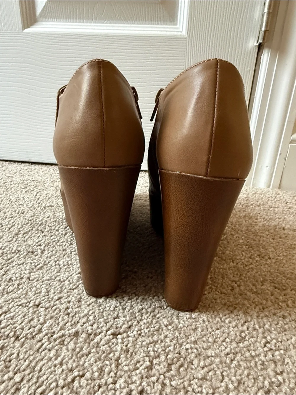 Refresh Tan Brown Peep-Toe Wedge Booties